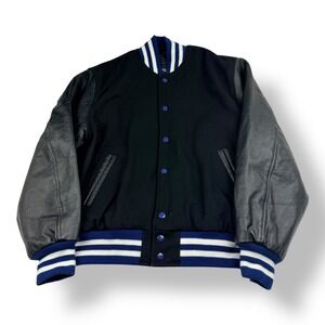 Stewart & Strauss Mens Varsity Jacket Wool Leather Sleeves Black Blue Medium